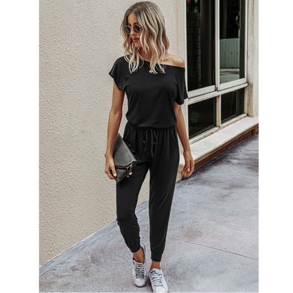 Casual Black Jumpsuit Drawstring Waist
